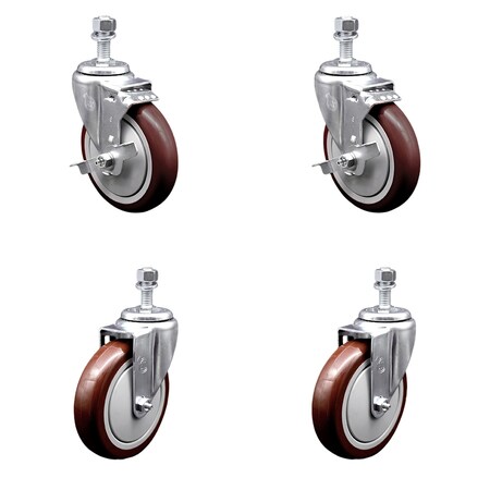 Service Caster 5 Inch Maroon Polyurethane Wheel Swivel 1/2 Inch Threaded Stem Caster Brakes, 2PK SCC-TS20S514-PPUB-MRN-TLB-121315-2S2